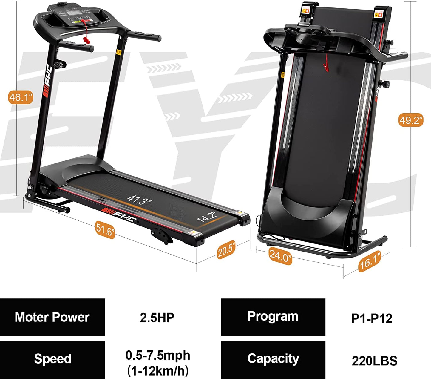 2.5 HP Folding Electric Treadmill Running Machine with 3 Manual Inclines 12 Running Progames Large Running Belt for Home Office Gym